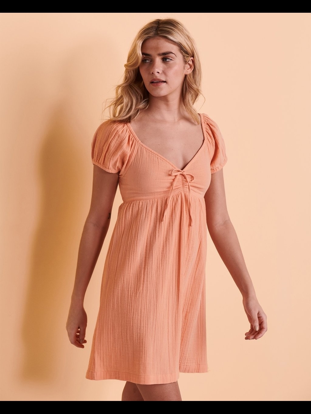 ROXY Clearwater Cove Peach Muslin Cotton Puff Sleeve Mini Dress Small